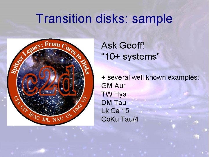 Transition disks: sample Ask Geoff! “ 10+ systems” + several well known examples: GM