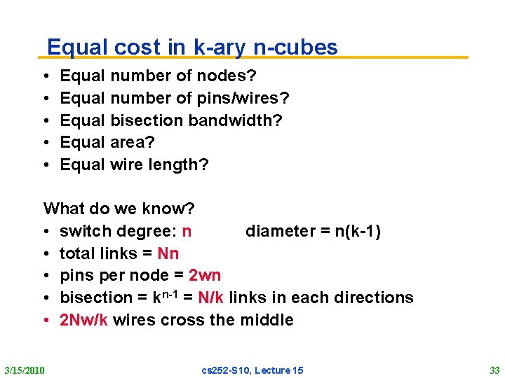 Equal cost in k-ary n-cubes • • • Equal number of nodes? Equal number