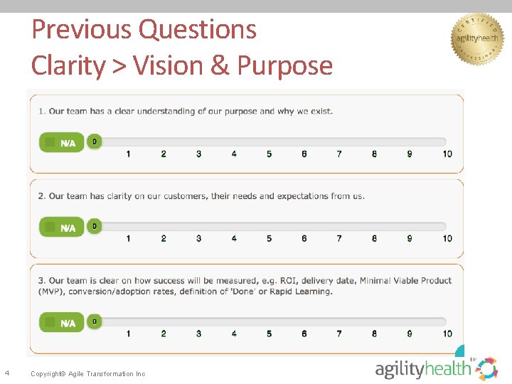 Previous Questions Clarity > Vision & Purpose 4 Copyright© Agile Transformation Inc 