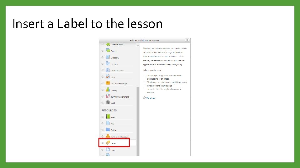 Insert a Label to the lesson 