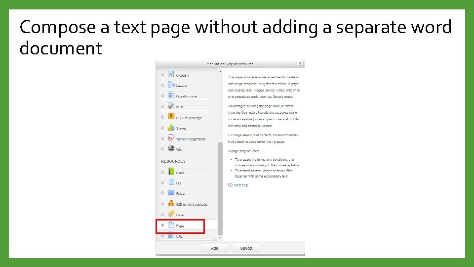 Compose a text page without adding a separate word document 
