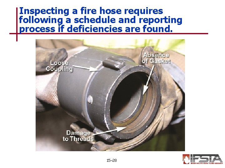 Inspecting a fire hose requires following a schedule and reporting process if deficiencies are