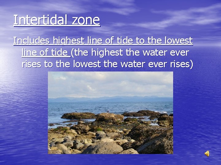 Intertidal zone Includes highest line of tide to the lowest line of tide (the