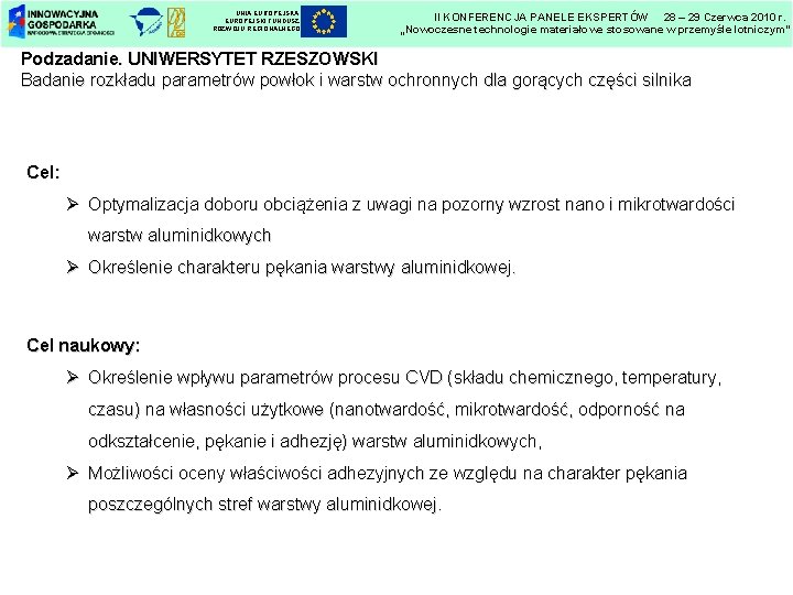 UNIA EUROPEJSKI FUNDUSZ ROZWOJU REGIONALNEGO II KONFERENCJA PANELE EKSPERTÓW 28 – 29 Czerwca 2010