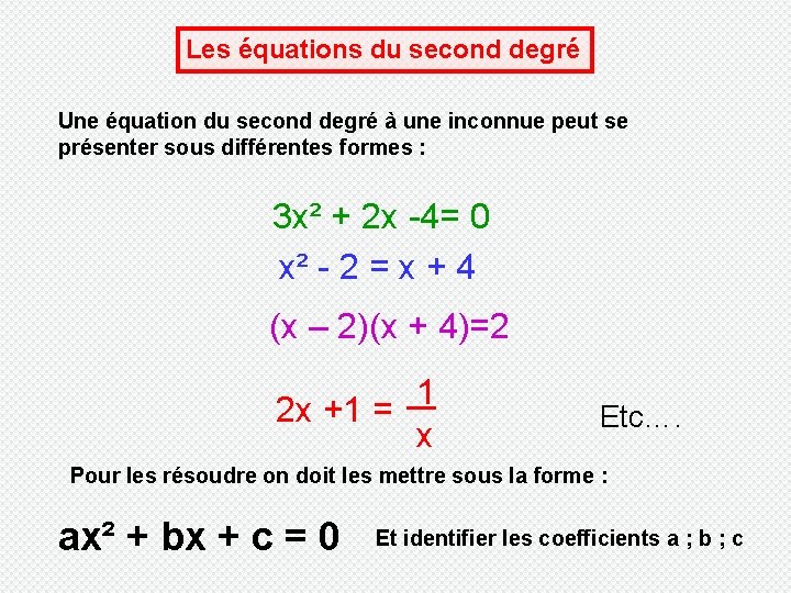 Les équations du second degré Une équation du second degré à une inconnue peut