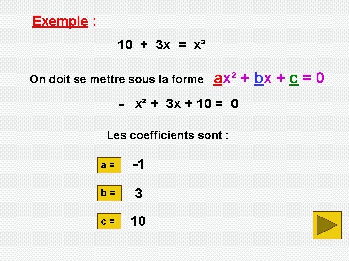 Exemple : 10 + 3 x = x² On doit se mettre sous la