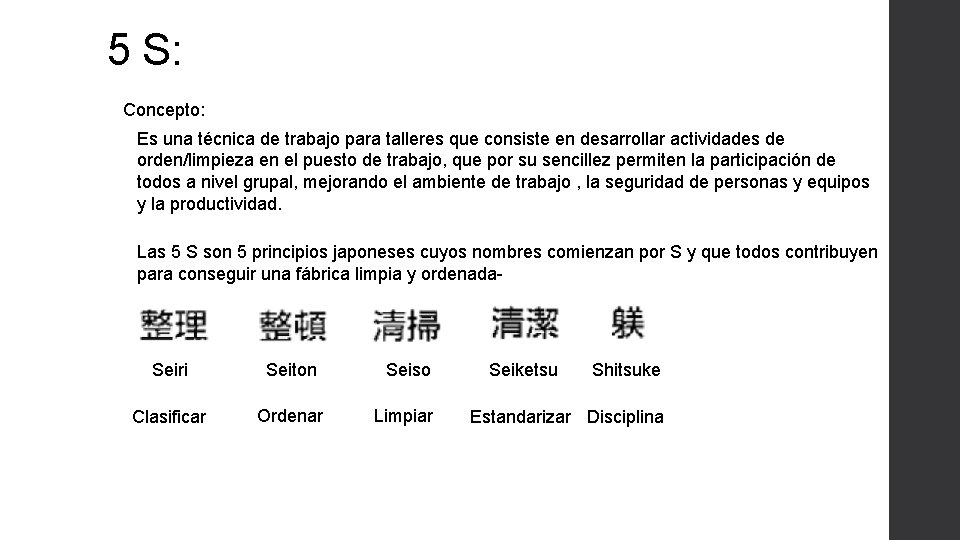 5 S: Concepto: Es una técnica de trabajo para talleres que consiste en desarrollar