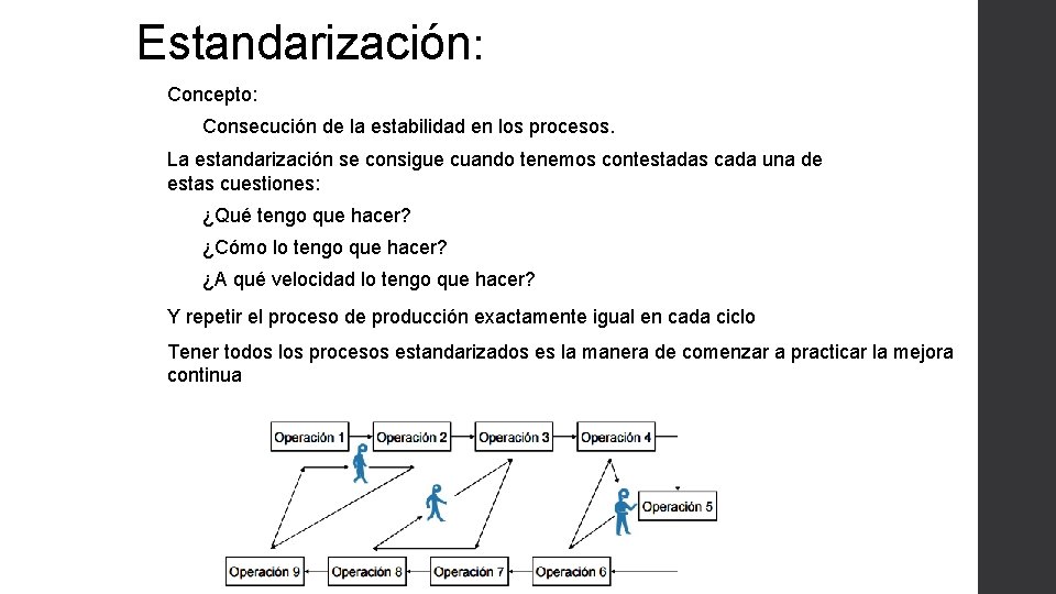 Estandarización: Concepto: Consecución de la estabilidad en los procesos. La estandarización se consigue cuando