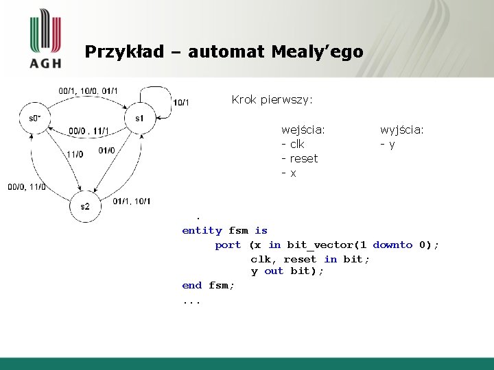 Przykład – automat Mealy’ego , Krok pierwszy: wejścia: - clk - reset -x wyjścia: