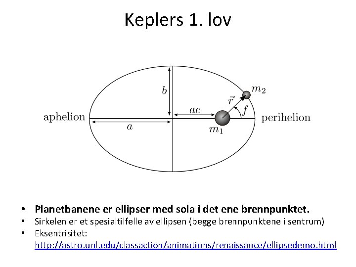 Keplers 1. lov • Planetbanene er ellipser med sola i det ene brennpunktet. •