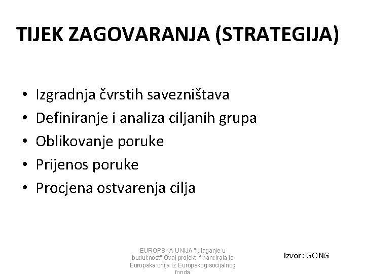 TIJEK ZAGOVARANJA (STRATEGIJA) • • • Izgradnja čvrstih savezništava Definiranje i analiza ciljanih grupa