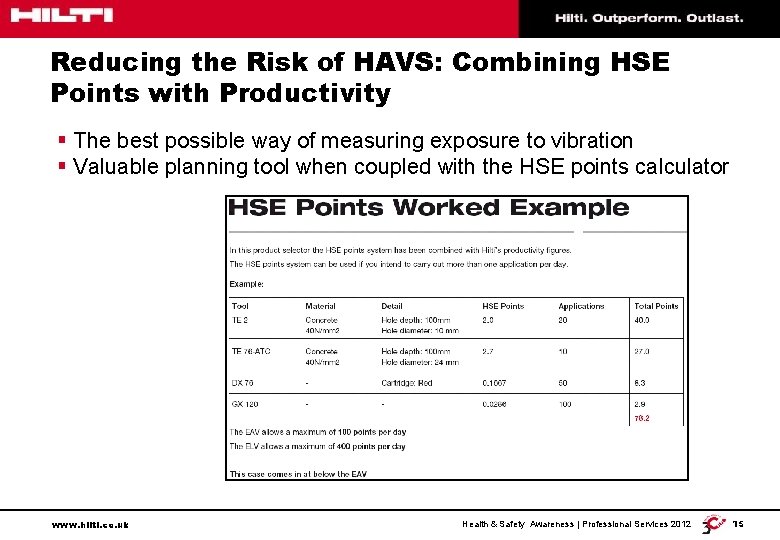 Reducing the Risk of HAVS: Combining HSE Points with Productivity § The best possible