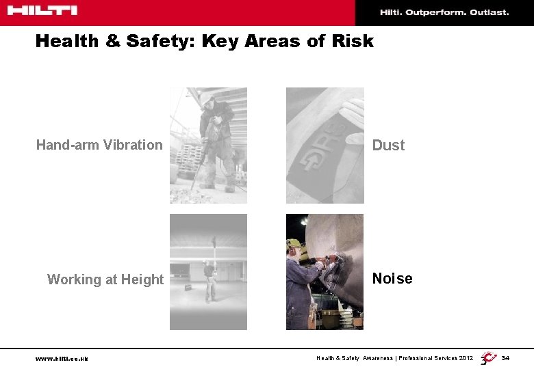 Health & Safety: Key Areas of Risk Hand-arm Vibration Working at Height www. hilti.