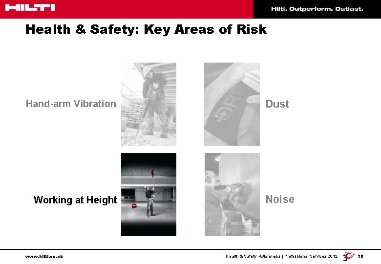 Health & Safety: Key Areas of Risk Hand-arm Vibration Working at Height www. hilti.