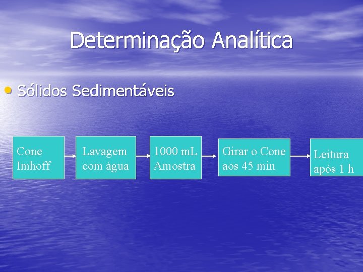 Determinação Analítica • Sólidos Sedimentáveis Cone Imhoff Lavagem com água 1000 m. L Amostra