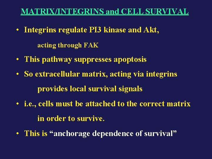 MATRIX/INTEGRINS and CELL SURVIVAL • Integrins regulate PI 3 kinase and Akt, acting through