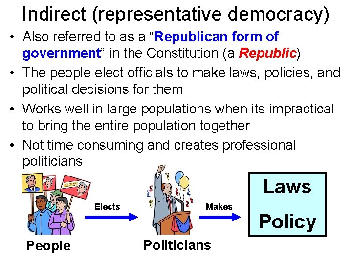 Indirect (representative democracy) • Also referred to as a “Republican form of government” in