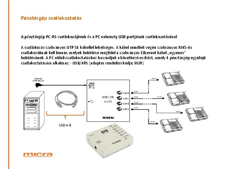 Pénztárgép csatlakoztatás A pénztárgép PC-RS csatlakozójának és a PC valamely USB portjának csatlakozatásával A