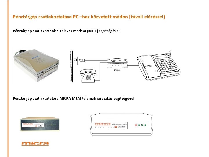 Pénztárgép csatlakoztatása PC –hez közvetett módon (távoli eléréssel) Pénztárgép csatlakoztatása Telekas modem (MOE) segítségével:
