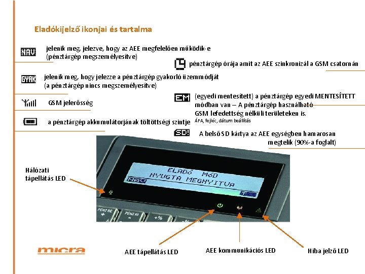 Eladókijelző ikonjai és tartalma jelenik meg, jelezve, hogy az AEE megfelelően működik-e (pénztárgép megszemélyesítve)