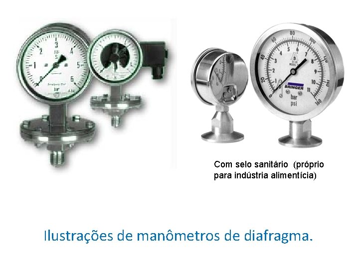 Com selo sanitário (próprio para indústria alimentícia) Ilustrações de manômetros de diafragma. 