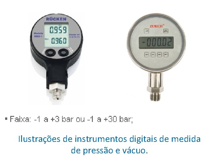 Ilustrações de instrumentos digitais de medida de pressão e vácuo. 