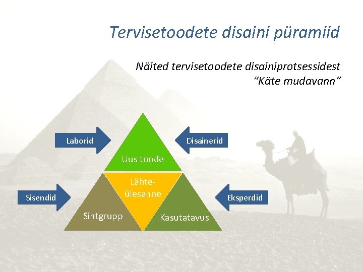 Tervisetoodete disaini püramiid Näited tervisetoodete disainiprotsessidest “Käte mudavann” Laborid Disainerid Uus toode Lähteülesanne Sisendid