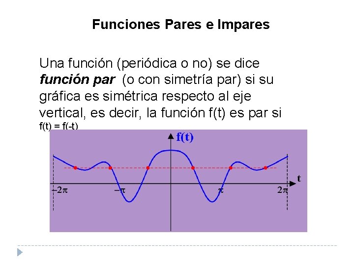Funciones Pares e Impares Una función (periódica o no) se dice función par (o