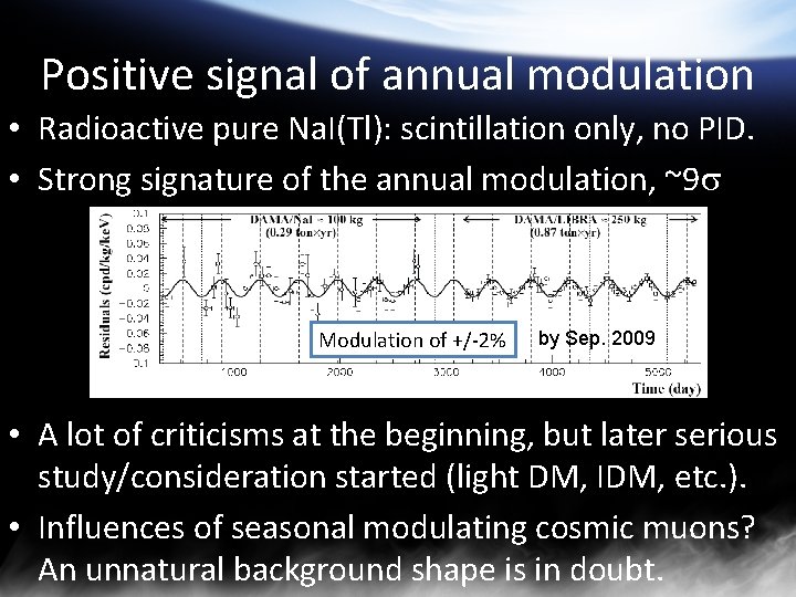 Positive signal of annual modulation • Radioactive pure Na. I(Tl): scintillation only, no PID.