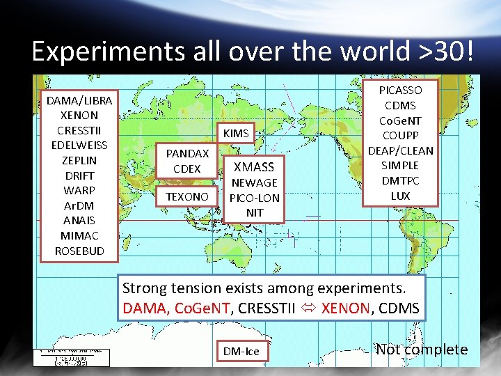 Experiments all over the world >30! DAMA/LIBRA XENON CRESSTII EDELWEISS ZEPLIN DRIFT WARP Ar.