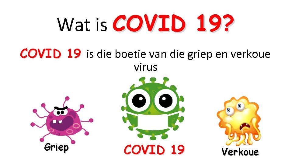 Wat is COVID 19? COVID 19 is die boetie van die griep en verkoue