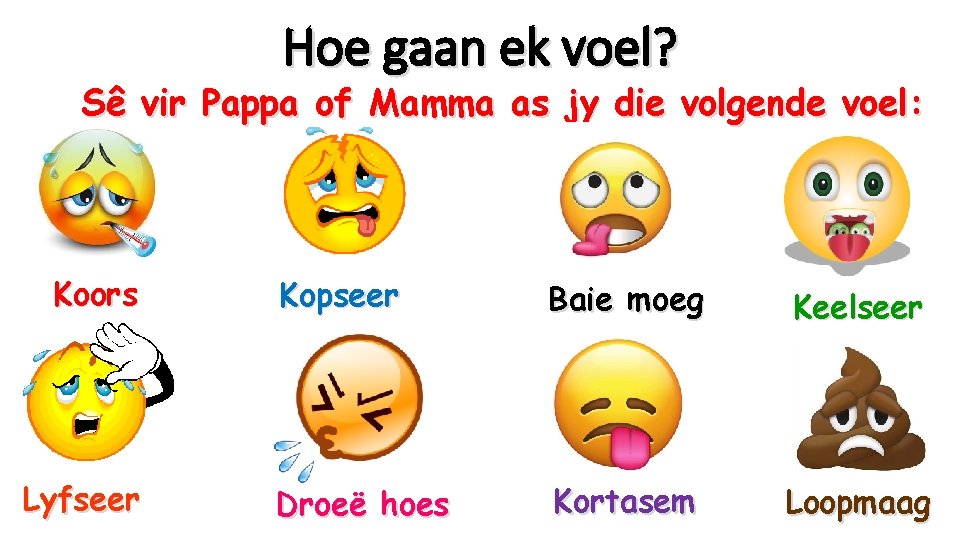 Hoe gaan ek voel? Sê vir Pappa of Mamma as jy die volgende voel: