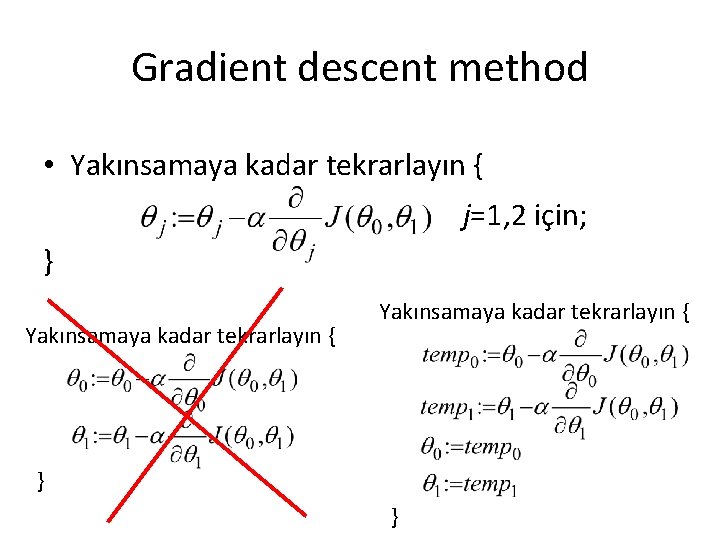 Gradient descent method • Yakınsamaya kadar tekrarlayın { j=1, 2 için; } Yakınsamaya kadar Gradient descent method • Yakınsamaya kadar tekrarlayın { j=1, 2 için; } Yakınsamaya kadar