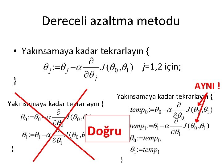 Dereceli azaltma metodu • Yakınsamaya kadar tekrarlayın { j=1, 2 için; } AYNI ! Dereceli azaltma metodu • Yakınsamaya kadar tekrarlayın { j=1, 2 için; } AYNI !