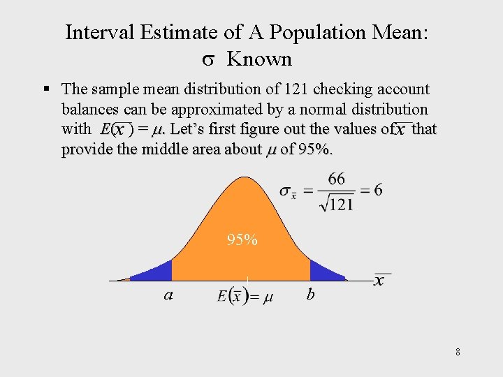 Interval Estimate of A Population Mean: Known § The sample mean distribution of 121 Interval Estimate of A Population Mean: Known § The sample mean distribution of 121