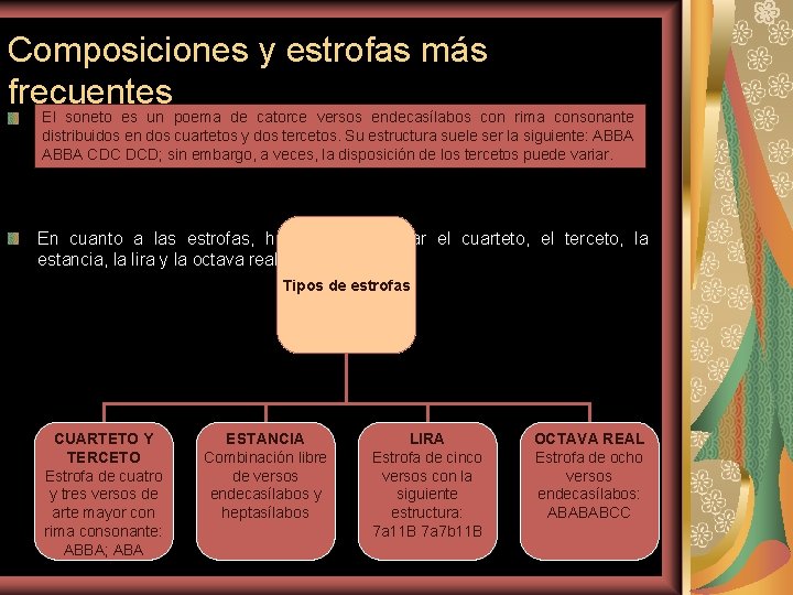 Composiciones y estrofas más frecuentes El soneto es un poema de catorce versos endecasílabos