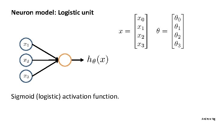 Neuron model: Logistic unit Sigmoid (logistic) activation function. Andrew Ng 