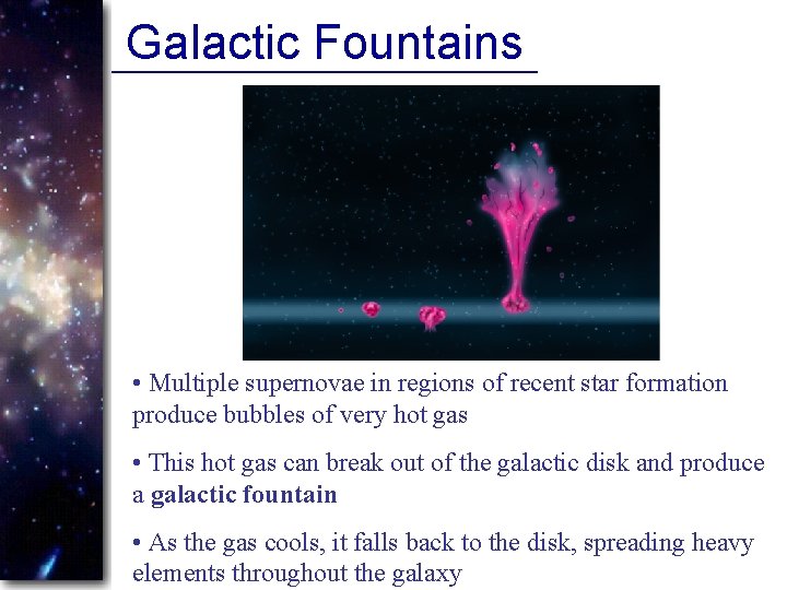 Galactic Fountains • Multiple supernovae in regions of recent star formation produce bubbles of