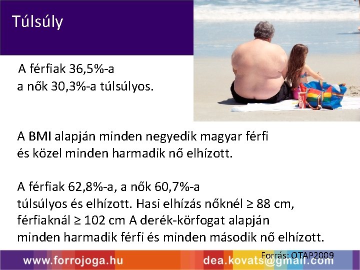 Túlsúly A férfiak 36, 5%-a a nők 30, 3%-a túlsúlyos. A BMI alapján minden