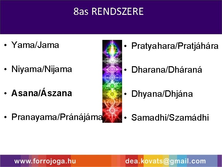 8 as RENDSZERE • Yama/Jama • Pratyahara/Pratjáhára • Niyama/Nijama • Dharana/Dháraná • Asana/Ászana •