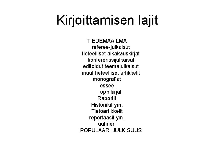 Kirjoittamisen lajit TIEDEMAAILMA referee-julkaisut tieteelliset aikakauskirjat konferenssijulkaisut editoidut teemajulkaisut muut tieteelliset artikkelit monografiat essee