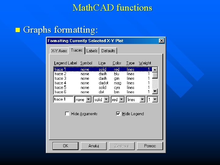 Math. CAD functions n Graphs formatting: 