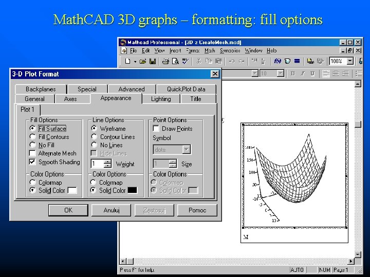 Math. CAD 3 D graphs – formatting: fill options 