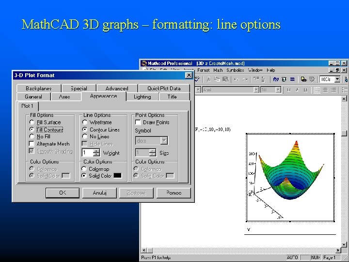 Math. CAD 3 D graphs – formatting: line options 