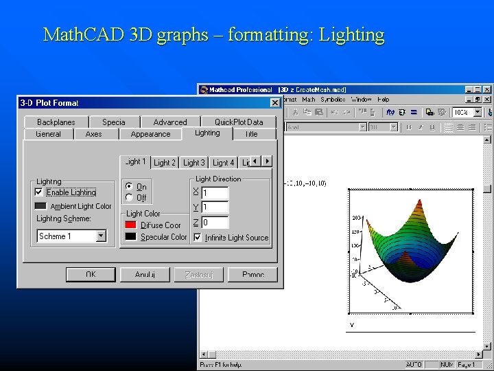 Math. CAD 3 D graphs – formatting: Lighting 