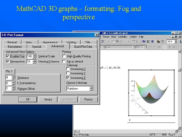 Math. CAD 3 D graphs – formatting: Fog and perspective 