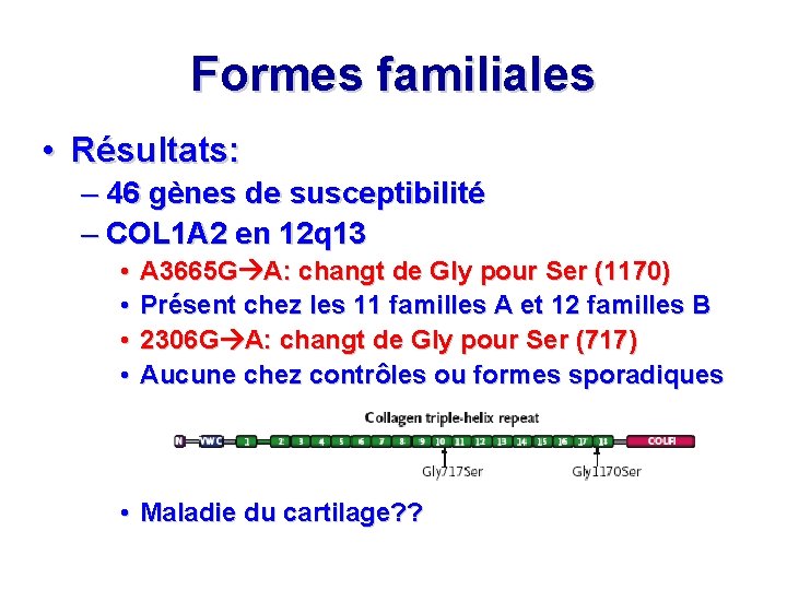 Formes familiales • Résultats: – 46 gènes de susceptibilité – COL 1 A 2