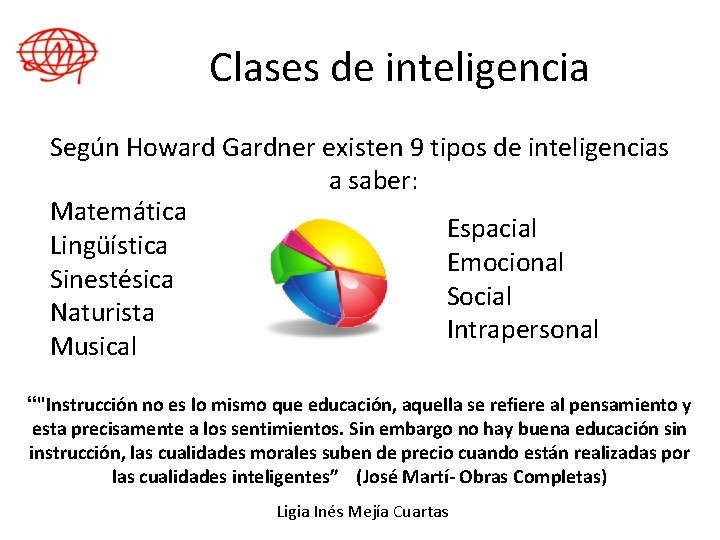Clases de inteligencia Según Howard Gardner existen 9 tipos de inteligencias a saber: Matemática