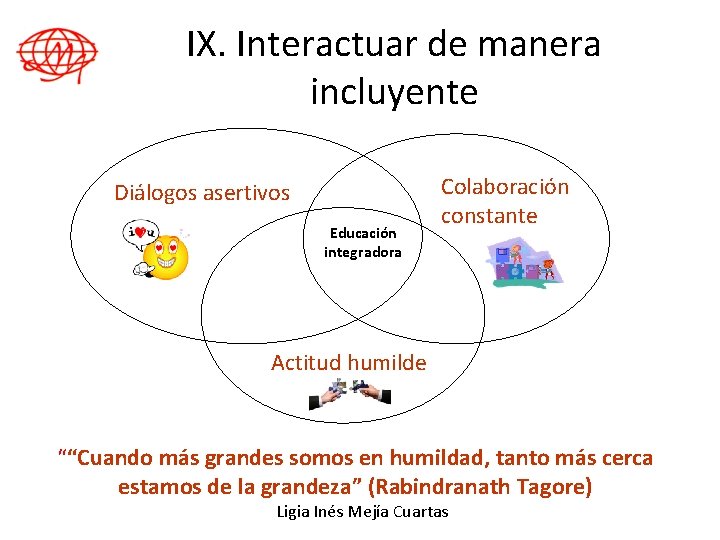 IX. Interactuar de manera incluyente Diálogos asertivos Educación integradora Colaboración constante Actitud humilde ““Cuando