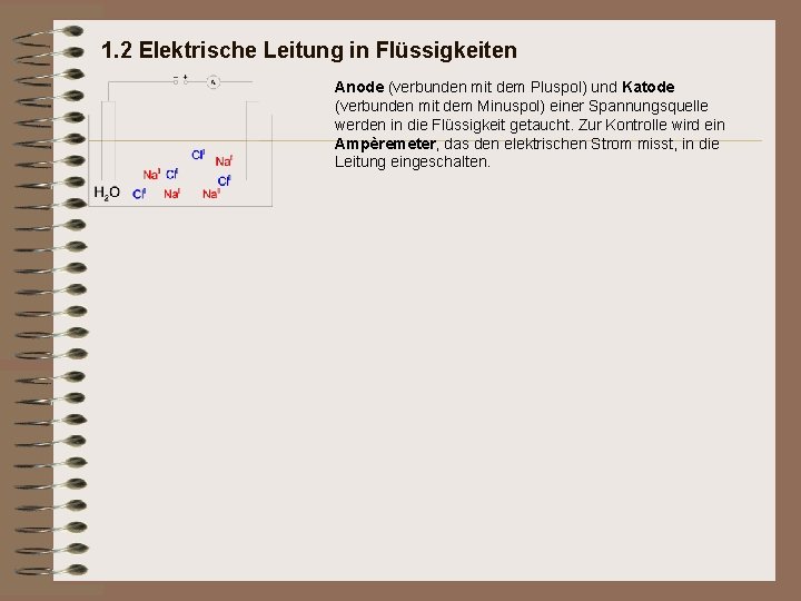 1. 2 Elektrische Leitung in Flüssigkeiten Anode (verbunden mit dem Pluspol) und Katode (verbunden 1. 2 Elektrische Leitung in Flüssigkeiten Anode (verbunden mit dem Pluspol) und Katode (verbunden